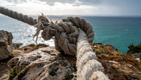 A thick, weathered rope is securely anchored to a rugged cliffside, its strong knot a symbol of stability and trust against the vast, dramatic expanse of the open sea. This image represents strength, resilience, and the critical connections that hold fast in the face of challenges.の素材