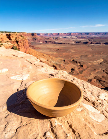 Perched on the edge of a sun-drenched sandstone cliff, a simple, empty bowl rests, a quiet offering to the vast desert canyon below. This image captures a moment of profound stillness and connection to the ancient earth, symbolizing simplicity, potential, and a spiritual journey through a timeless landscape.の素材