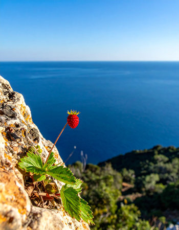 A single, vibrant red wild strawberry stands out against the deep blue of the sea, a testament to natures resilience. Perched on a sun-drenched rocky cliff, this small fruit represents a moment of discovery and the simple, tenacious beauty found in wild, coastal landscapes.の素材