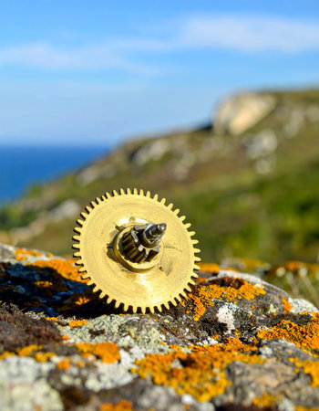 A single, weathered brass gear rests on a lichen-covered coastal rock, a forgotten relic of industry against a vast natural landscape. This juxtaposition evokes a sense of mystery and the passage of time, questioning the connection between technology and nature.の素材