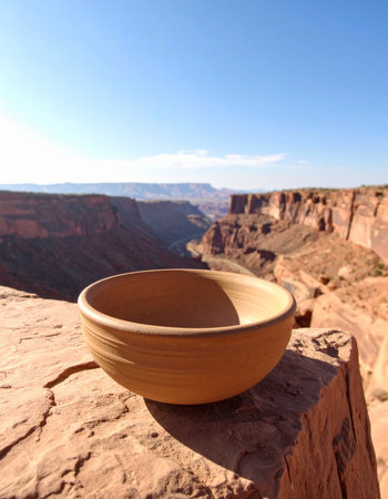 A simple, handcrafted clay bowl rests on a sun-warmed red rock ledge, a silent offering to the vast, ancient canyon that stretches to the horizon. This scene evokes a sense of timeless history, solitude, and a deep connection to the natural world and ancestral traditions of the desert southwest.の素材