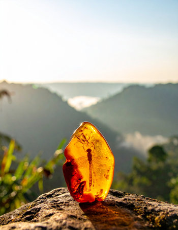A perfectly preserved prehistoric insect is frozen in time within a piece of golden amber. Held against the backdrop of a misty mountain valley at sunrise, the image evokes a sense of ancient history, discovery, and the enduring beauty of nature.の素材