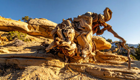 A timeless sentinel on a sandstone ledge, this weathered tree has witnessed ages pass. The intricate textures of its gnarled wood capture the harsh beauty and enduring spirit of the wild American Southwest.の素材