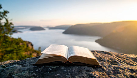 An open book rests on a mountain ledge, its pages catching the first golden rays of sunrise. Below, a tranquil river carves its path through the landscape, offering a moment of perfect peace for study, reflection, and spiritual connection with nature.の素材