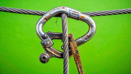 A weathered but reliable steel carabiner forms a critical link, securely fastened to a heavy-duty wire rope. Set against a vibrant green background, this image symbolizes strength, safety, and the crucial connections that ensure stability and support in any venture.の素材