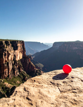 A single, vibrant red ball rests precariously on the edge of a sun-drenched canyon cliff. This striking image symbolizes contrast, potential, and the start of a new adventure against a vast, majestic, and natural backdrop. A concept of standing out from the crowd.の素材