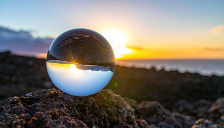 A crystal ball rests on volcanic rock, capturing and inverting the stunning golden sunset over the ocean. This image evokes a sense of magic, offering a unique perspective on the world and symbolizing clarity, foresight, and the beauty of looking at things from a different angle.の素材