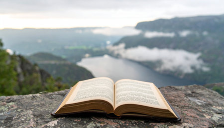 An open book rests on a rugged stone ledge, offering a moment of quiet reflection and spiritual connection. In the background, a breathtaking and serene landscape of mountains and a misty lake unfolds, creating a powerful image of faith, peace, and finding wisdom in natures solitude.の素材