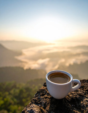 A cup of hot coffee rests on a rugged rock, overlooking a breathtaking mountain valley shrouded in morning mist. The rising sun casts a warm, golden glow, creating a moment of perfect tranquility and inspiring a sense of adventure for the day ahead.の素材