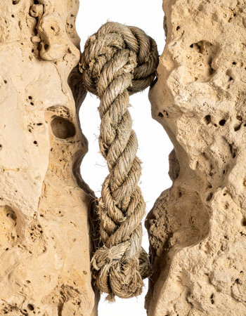 A thick, weathered rope, secured by a sturdy knot, passes through an ancient, eroded rock. This powerful image symbolizes strength, endurance, and a lasting connection that withstands the test of time and the elements. It represents security, reliability, and the concept of being firmly anchored.の素材