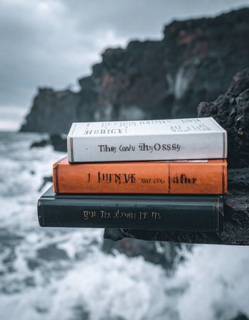 A stack of books rests on the edge of a dramatic, rocky cliff, with the turbulent ocean waves crashing below. This image evokes a sense of literary escape, adventure, and the profound peace found in both nature and a good story.の素材