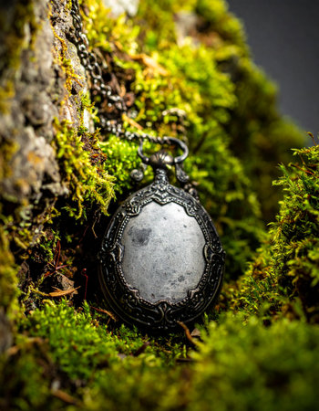 A forgotten treasure, this ornate vintage pocket watch lies nestled in vibrant green moss. Its intricate details hint at a long-lost story, a moment frozen in time, waiting to be rediscovered in the heart of an ancient, enchanted forest.の素材