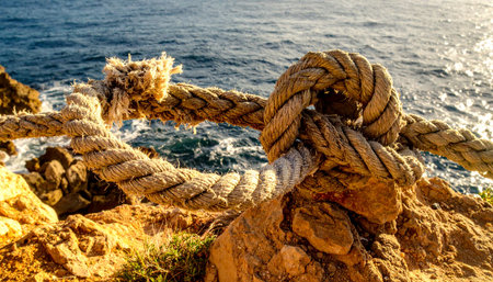 A thick, weathered rope forms a sturdy barrier along a sun-drenched rocky cliff. The intricate knot symbolizes strength, security, and connection, guarding the path against the vast, powerful sea below. This image evokes a sense of rugged adventure and resilient safety in a beautiful natural landscape.の素材