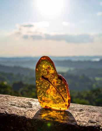 A piece of golden amber, holding a perfectly preserved prehistoric leaf, glows warmly in the sunlight. Set against a vast, hazy landscape, this ancient treasure tells a story of time, nature, and preservation, connecting the distant past with the present moment.の素材