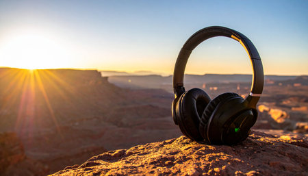 A pair of wireless headphones rests on a rocky ledge, silhouetted against the breathtaking vista of a canyon at sunrise. The warm, golden light suggests a peaceful morning spent listening to a favorite playlist or podcast, finding tranquility and inspiration in the vastness of nature. This image represents escape, personal journeys, and the perfect harmony of technology and the natural world.の素材