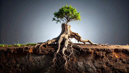 A powerful visual metaphor showing a solitary, vibrant tree with its complex root system revealed in a cross-section of the earth. This image symbolizes strength, stability, and the unseen foundations that support growth and life, perfect for concepts of business, heritage, and personal development.の素材