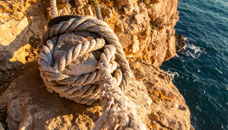 Bathed in the warm glow of a setting sun, a thick, weathered mooring rope lies coiled on a rugged cliffside. A symbol of strength and endurance, it speaks to countless journeys and the secure connection between land and the vast, open sea.の素材