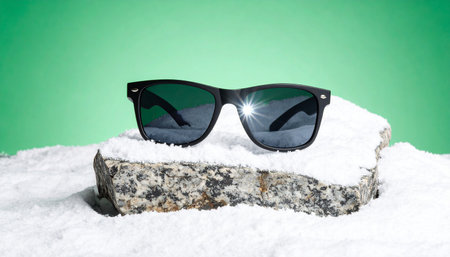 A pair of classic sunglasses rests on a snow-dusted rock, creating a striking visual contrast against a vibrant green background. This conceptual image evokes the feeling of an unexpected getaway, blending the coolness of winter with the promise of a sunny summer adventure.の素材