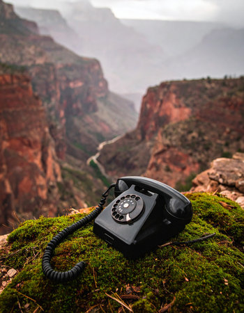 A vintage rotary phone sits unexpectedly on a moss-covered rock, overlooking a vast and misty canyon. This surreal juxtaposition of old technology and timeless nature evokes a sense of lost communication, a call across time, or a message waiting to be heard in the profound silence of the wilderness.の素材
