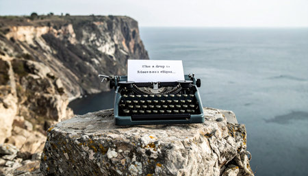 Perched on the edge of a rugged cliff, a vintage typewriter awaits the next chapter. This evocative scene captures the essence of creative solitude, the writers journey, and finding profound inspiration in the wild, untamed beauty of the sea.の素材
