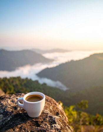 Start your day with a moment of pure tranquility. A warm cup of coffee sits on a rocky overlook, greeting the sunrise as it illuminates a breathtaking panorama of misty mountain valleys. This image evokes feelings of peace, adventure, and the simple joy of a perfect morning.の素材