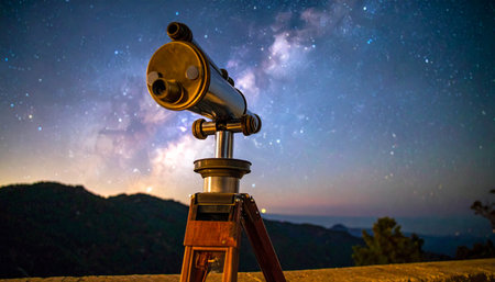Pointed towards the heavens, a powerful telescope stands ready on a quiet mountaintop, offering a breathtaking view of the Milky Ways cosmic dust lanes. This image captures the profound sense of wonder and the human drive for discovery, inviting us to explore the vast, star-filled universe and ponder our place within it.の素材