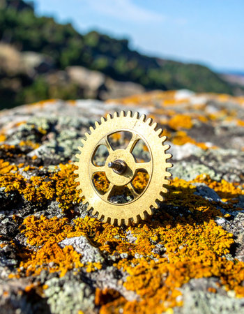 A single, intricate golden gear rests on a bed of vibrant orange lichen, a striking contrast between precision engineering and the wild, organic texture of nature. This lost piece of a larger machine finds a new purpose, symbolizing the intersection of technology and the environment, or a key component discovered in an unexpected place.の素材