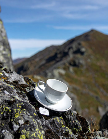 A moment of quiet contemplation and simple pleasure. An elegant white teacup rests on a rugged mountain rock, offering a warm break against a breathtaking backdrop of alpine peaks. This image captures the surreal and peaceful juxtaposition of domestic comfort and wild adventure.の素材