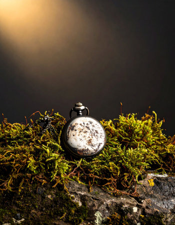 In a hidden corner of an ancient, enchanted forest, a single beam of light illuminates a forgotten treasure. A vintage pocket watch, resting on a bed of soft moss, seems to hold the secrets of time itself, waiting to be discovered.の素材