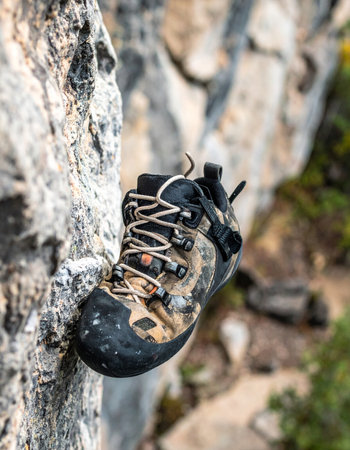 A close-up shot captures the intense precision of rock climbing. A worn climbing shoe, covered in chalk, is expertly placed on a tiny edge of a granite cliff, demonstrating the crucial grip and technique required for the ascent. The blurred background emphasizes the focus and determination of the climber.の素材