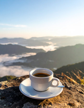 A fresh cup of hot espresso sits on a rugged rock, greeting the sunrise over a breathtaking mountain range. Below, a sea of clouds fills the valleys, creating a serene and inspiring scene perfect for concepts of adventure, peaceful mornings, and new beginnings.の素材