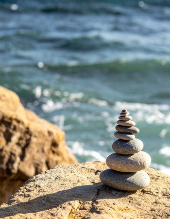 A carefully balanced stack of stones stands as a testament to patience and tranquility on a sun-drenched cliff. In the background, the gentle rhythm of ocean waves provides a serene soundtrack, creating a perfect scene for meditation, mindfulness, and finding inner peace.の素材