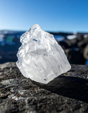 A pristine fragment of glacial ice, like a natural diamond, rests on a dark, textured volcanic stone. Bathed in bright, cold sunlight, its crystalline facets sparkle against the deep blue sky of a remote shoreline, symbolizing purity and natures raw beauty.の素材