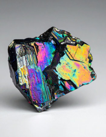 A stunning macro photograph captures the breathtaking beauty of an iridescent mineral specimen. Its dark, crystalline surface shimmers with a vibrant rainbow of colors, from deep blues and purples to fiery oranges and greens, creating a mesmerizing natural abstract against a clean, neutral background.の素材