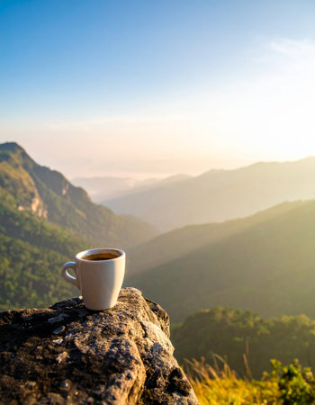 Start the day with a moment of pure tranquility. A warm cup of coffee sits on a rugged cliff, overlooking a breathtaking mountain valley as the sun rises, casting a golden glow. This image evokes feelings of peace, adventure, and the simple joy of a morning ritual in nature.の素材