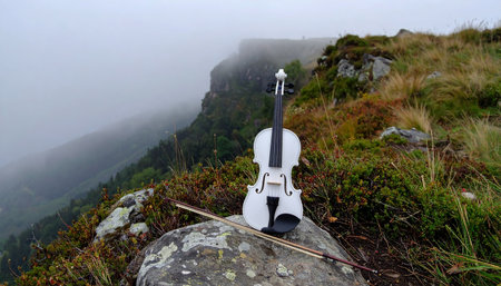 A lone white violin rests on a mossy rock at the edge of a cliff, its silent form overlooking a vast, fog-filled valley. The scene evokes a sense of peaceful solitude and the untold story of music waiting to be played amidst the raw beauty of nature.の素材