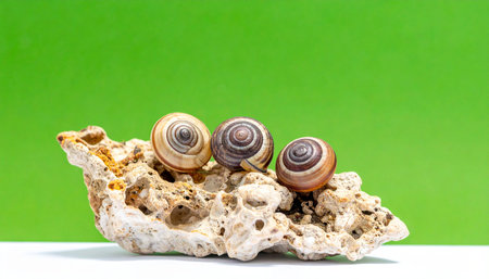 A trio of small snails finds a moment of rest together on a textured, porous rock. Set against a vibrant green background, this image captures a quiet scene of natural community, patience, and the slow, steady pace of wildlife.の素材