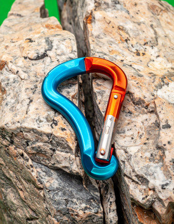 A brightly colored carabiner, a vital piece of climbing gear, rests securely in a crevice of a rugged rock face. This close-up shot captures the essence of preparation, safety, and the spirit of outdoor adventure, ready for the ascent.の素材