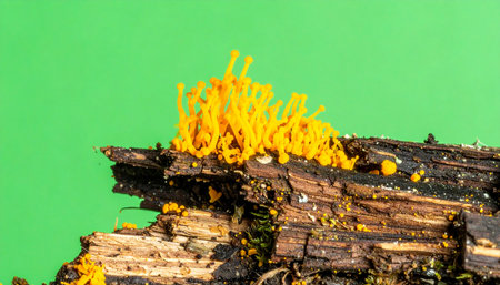 A macro view captures the brilliant yellow tendrils of a coral fungus erupting from a piece of dark, decaying wood. Isolated against a vibrant green background, this image highlights the beautiful and strange cycle of life and decay, showcasing a hidden world of mycology in stunning detail.の素材