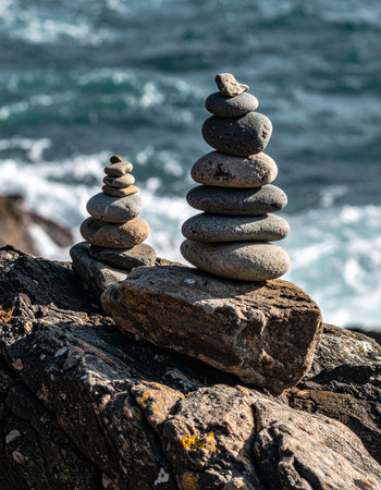 Two towers of carefully balanced stones stand firm on a rugged, rocky shore. In the background, the powerful ocean churns, symbolizing a sense of calm, stability, and mindful focus amidst the chaos of life. A perfect visual for concepts of patience, resilience, and inner peace.の素材