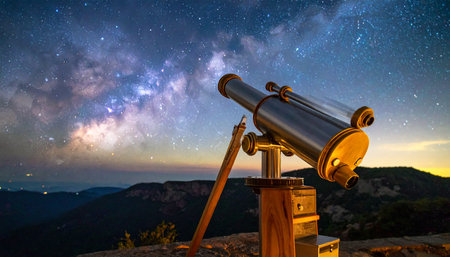 A powerful telescope is aimed at the heart of the Milky Way, ready to unlock the secrets of the cosmos. Set against a breathtaking starry night from a mountain peak, this image captures the spirit of exploration, scientific curiosity, and the profound beauty of the universe.の素材