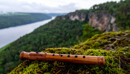 A traditional wooden flute rests on a mossy cliffside, its silent form holding the promise of a melody that could echo through the serene river valley below. A moment of peace and harmony between music and the vast, tranquil landscape.の素材