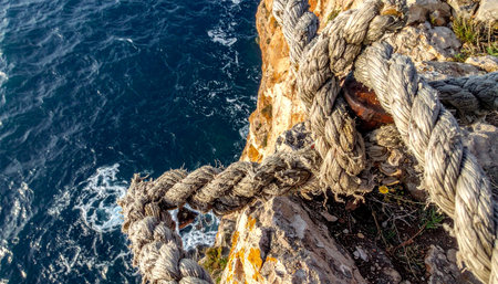 A thick, weathered mooring rope clings to a rugged cliff edge, a testament to strength and endurance against the powerful, churning sea below. This image evokes a sense of adventure, risk, and the raw beauty of a wild coastline.の素材