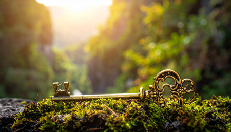 An ornate, vintage key rests upon a bed of vibrant green moss, bathed in the golden light of a forest sunrise. This magical scene evokes a sense of mystery and discovery, representing the unlocking of secrets, finding a solution, or the beginning of a new adventure. Its the perfect metaphor for opportunity, success, and hidden potential waiting to be found.の素材