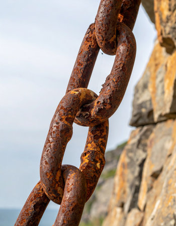 A close-up view of a heavy, rusted industrial chain anchored to a rugged rock face. Each link tells a story of endurance, weathered by salt and time, symbolizing strength, connection, and the inevitable process of decay against the forces of nature.の素材