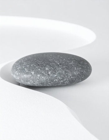 A single, smooth grey stone rests in a serene composition of light and shadow. This minimalist still life evokes a sense of calm, balance, and quiet contemplation, perfect for concepts of wellness, meditation, and zen-inspired design.の素材