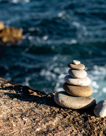 A carefully constructed stack of smooth stones stands as a testament to patience and balance on a rugged seashore. In the background, the deep blue ocean waves provide a dynamic contrast to the stillness of the zen-like sculpture, creating a moment of serene focus and natural harmony.の素材