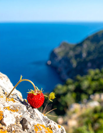 A single, vibrant wild strawberry defies the odds, growing from a sun-drenched, rocky cliff. In the background, the deep blue sea stretches to the horizon, creating a beautiful scene of resilience, natural beauty, and the simple joys found in unexpected places.の素材