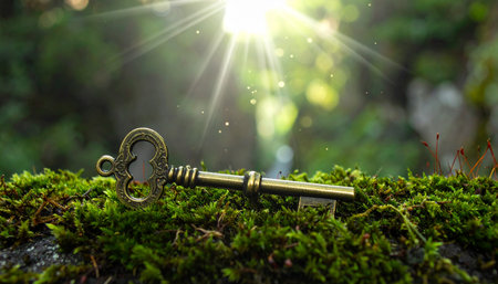 An old, ornate key rests on a bed of vibrant green moss, bathed in the warm glow of a sunbeam filtering through the forest canopy. This magical scene evokes a sense of mystery and discovery, symbolizing the unlocking of secrets, finding a solution, or the beginning of a new adventure.の素材