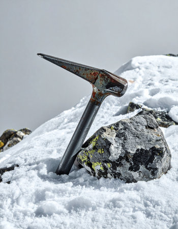 A weathered, vintage ice axe stands as a silent monument in the deep snow of a high mountain peak. Left behind by a climber, it tells a story of adventure, challenge, and the enduring spirit of exploration against a stark, foggy backdrop.の素材